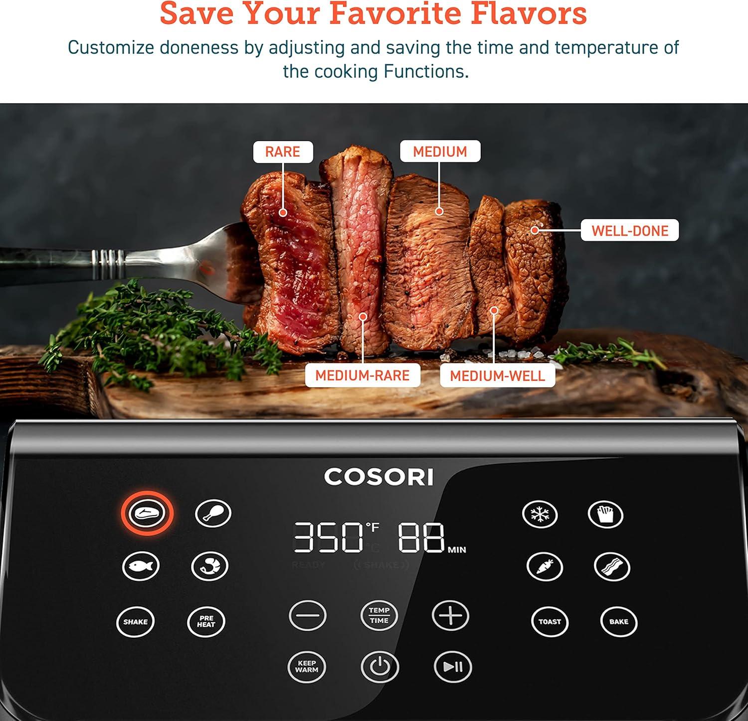 imageCOSORI 12in1 Air Fryer 58QT Toast Bake Nutrition Facts for 100 InApp Recipes AdaptIQ Tech Fast Cook for Main ampamp Side Dishes Snacks Leftovers Detachable Square Basket Dishwasher SafeBlack