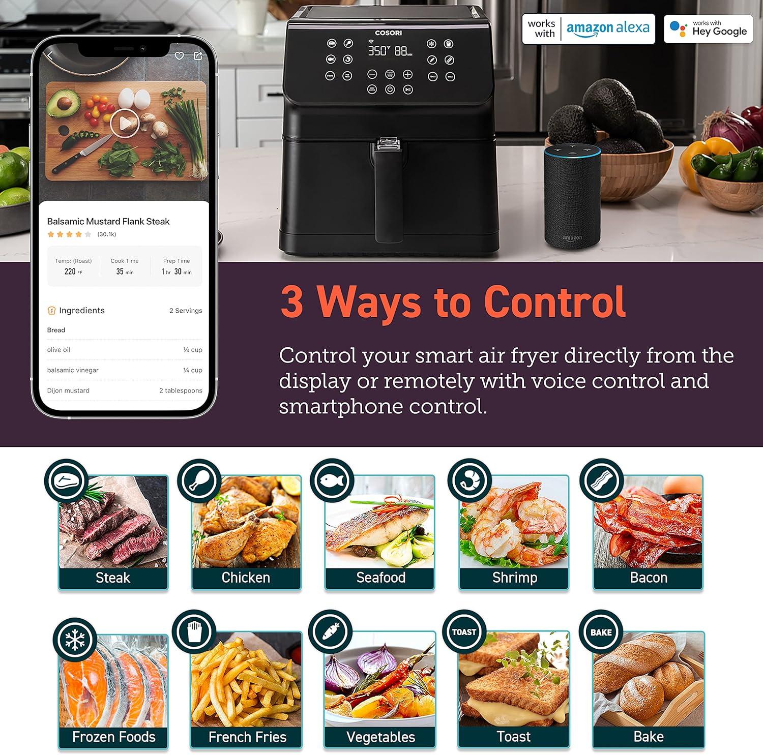 imageCOSORI 12in1 Air Fryer 58QT Toast Bake Nutrition Facts for 100 InApp Recipes AdaptIQ Tech Fast Cook for Main ampamp Side Dishes Snacks Leftovers Detachable Square Basket Dishwasher SafeBlackWIFI