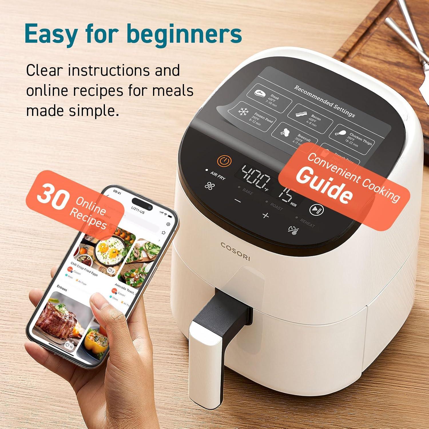 imageCOSORI Air Fryer 21 Qt 4in1 Small Mini Airfryer Bake Roast Reheat 97 Less Oil Compact ampamp Quiet Nonstick ampamp Dishwasher Safe Basket 30 InApp Recipes with Nutrition Facts AutoShut Off GreenWhite
