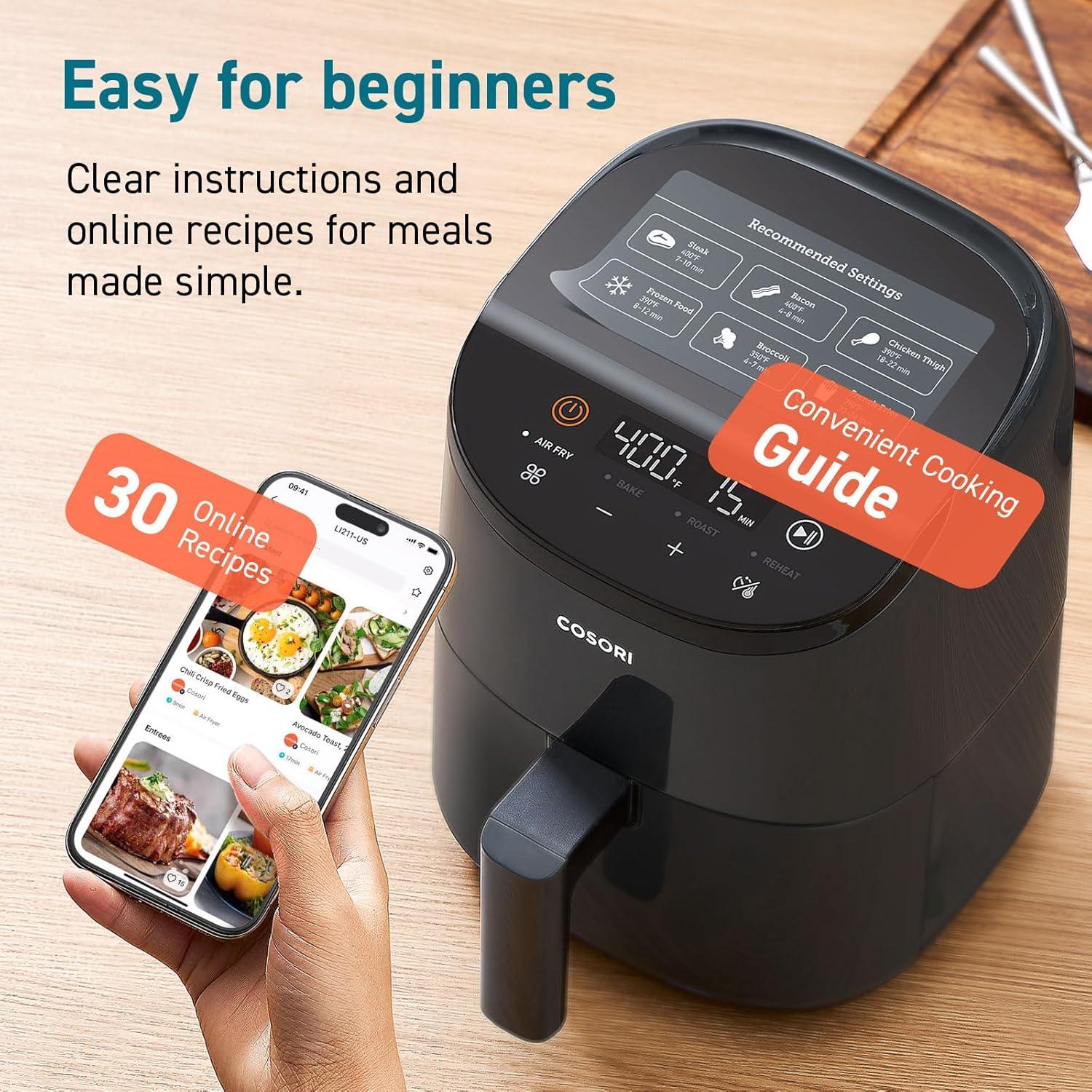 imageCOSORI Air Fryer 21 Qt 4in1 Small Mini Airfryer Bake Roast Reheat 97 Less Oil Compact ampamp Quiet Nonstick ampamp Dishwasher Safe Basket 30 InApp Recipes with Nutrition Facts AutoShut Off GreenGrey