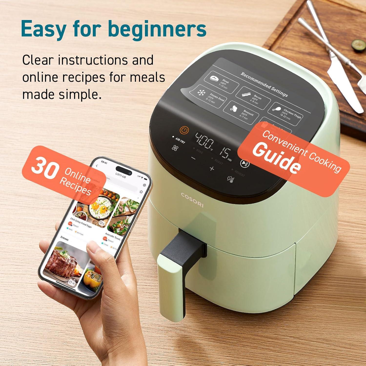 imageCOSORI Air Fryer 21 Qt 4in1 Small Mini Airfryer Bake Roast Reheat 97 Less Oil Compact ampamp Quiet Nonstick ampamp Dishwasher Safe Basket 30 InApp Recipes with Nutrition Facts AutoShut Off GreenGreen