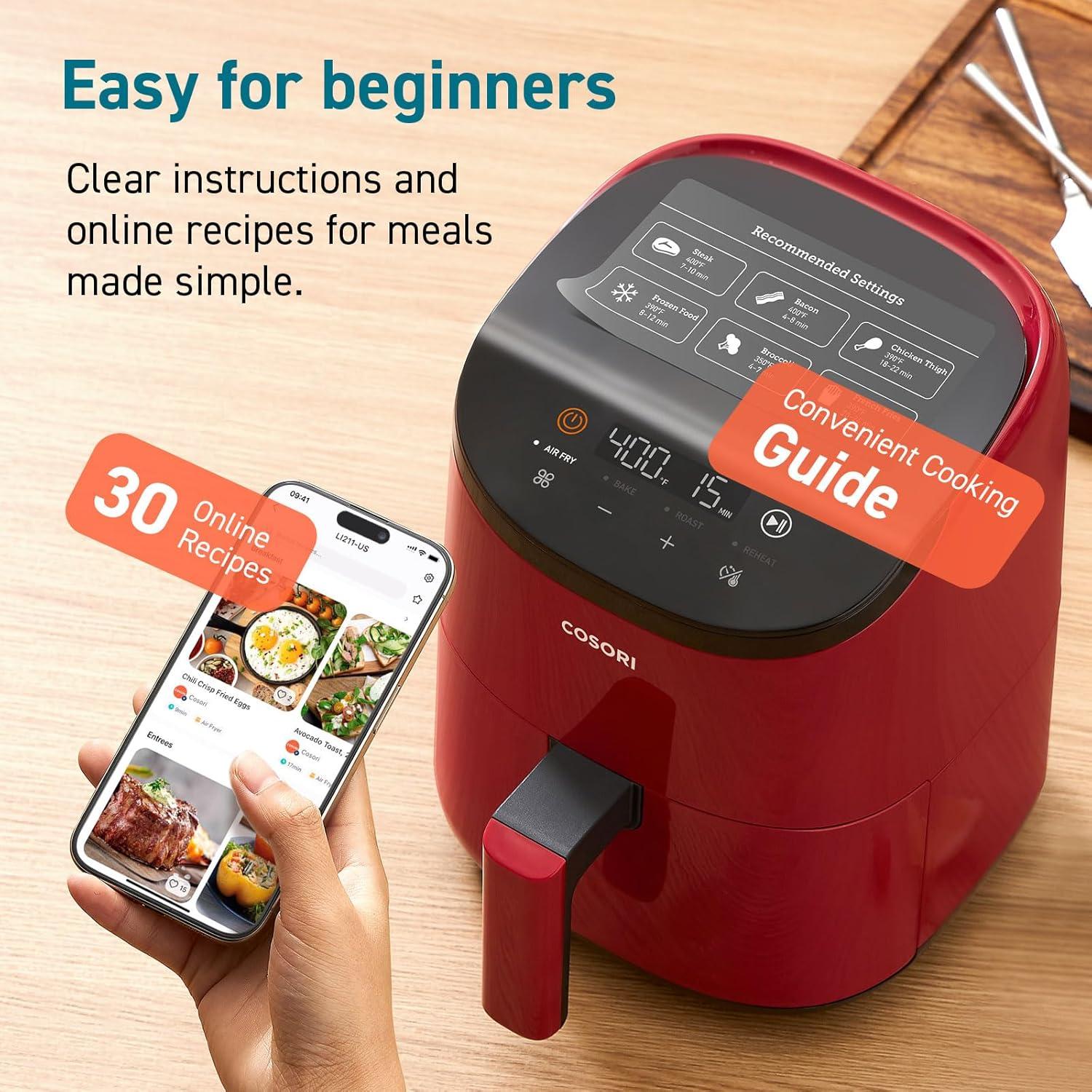 imageCOSORI Air Fryer 21 Qt 4in1 Small Mini Airfryer Bake Roast Reheat 97 Less Oil Compact ampamp Quiet Nonstick ampamp Dishwasher Safe Basket 30 InApp Recipes with Nutrition Facts AutoShut Off GreenRed
