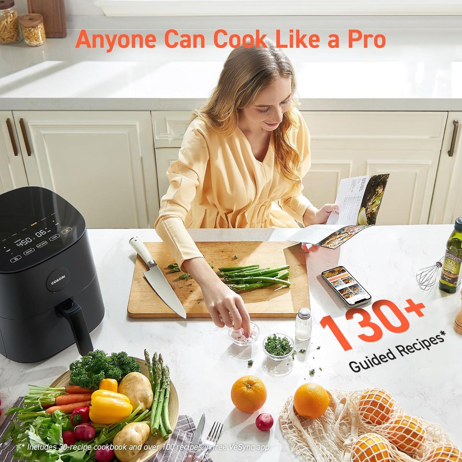 imageCOSORI Air Fryer Pro 9in1 Compact 5QT 450 Half Time ampamp ChefGrade Cook OneWipe Clean Glass Panel 130 InApp Recipes with Nutritional Info Nonstick ampamp DishwasherSafe Basket Ceramic GrayGray