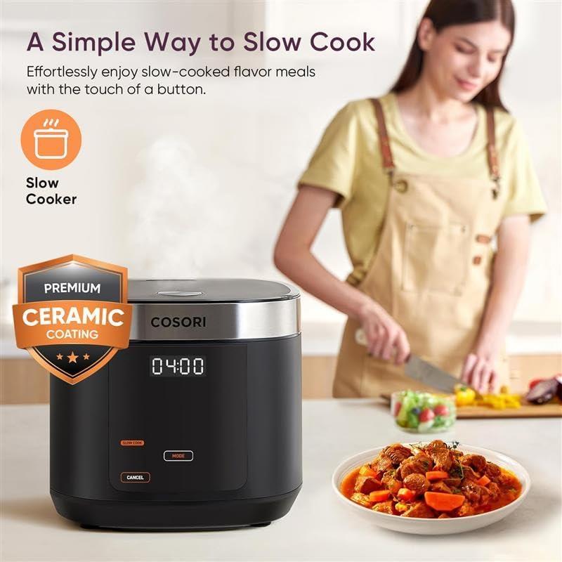 imageCOSORI Rice Cooker 10 Cup 24h Keep Warm Nonstick Ceramic Inner Pot 18 Functions Fuzzy Logic Rice Maker with Stainless Steel Steamer Basket Saut Slow Cooker BlackRice Cooker