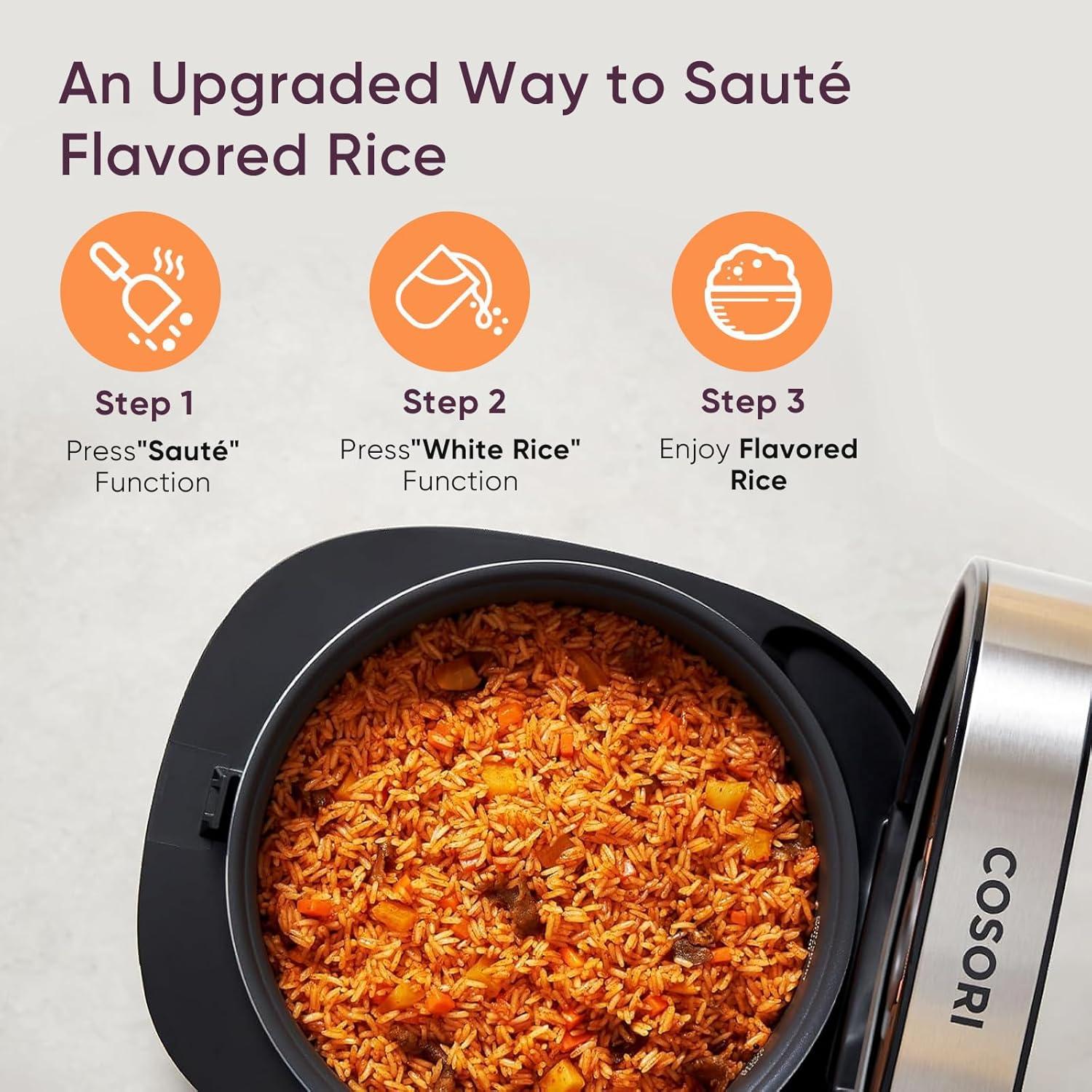 imageCOSORI Rice Cooker 10 Cup 24h Keep Warm Nonstick Ceramic Inner Pot 18 Functions Fuzzy Logic Rice Maker with Stainless Steel Steamer Basket Saut Slow Cooker BlackRice Cooker