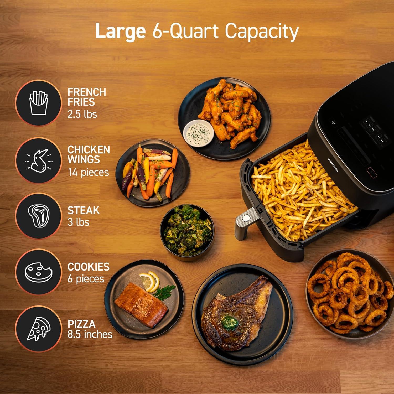 imageCosori 9in1 TurboBlaze Air Fryer 6 Qt Premium Ceramic Coating 90450F Precise Heating for Even Results Air Fry Roast Bake Broil Dry Frozen Proof Reheat Keep Warm 120VDark Gray