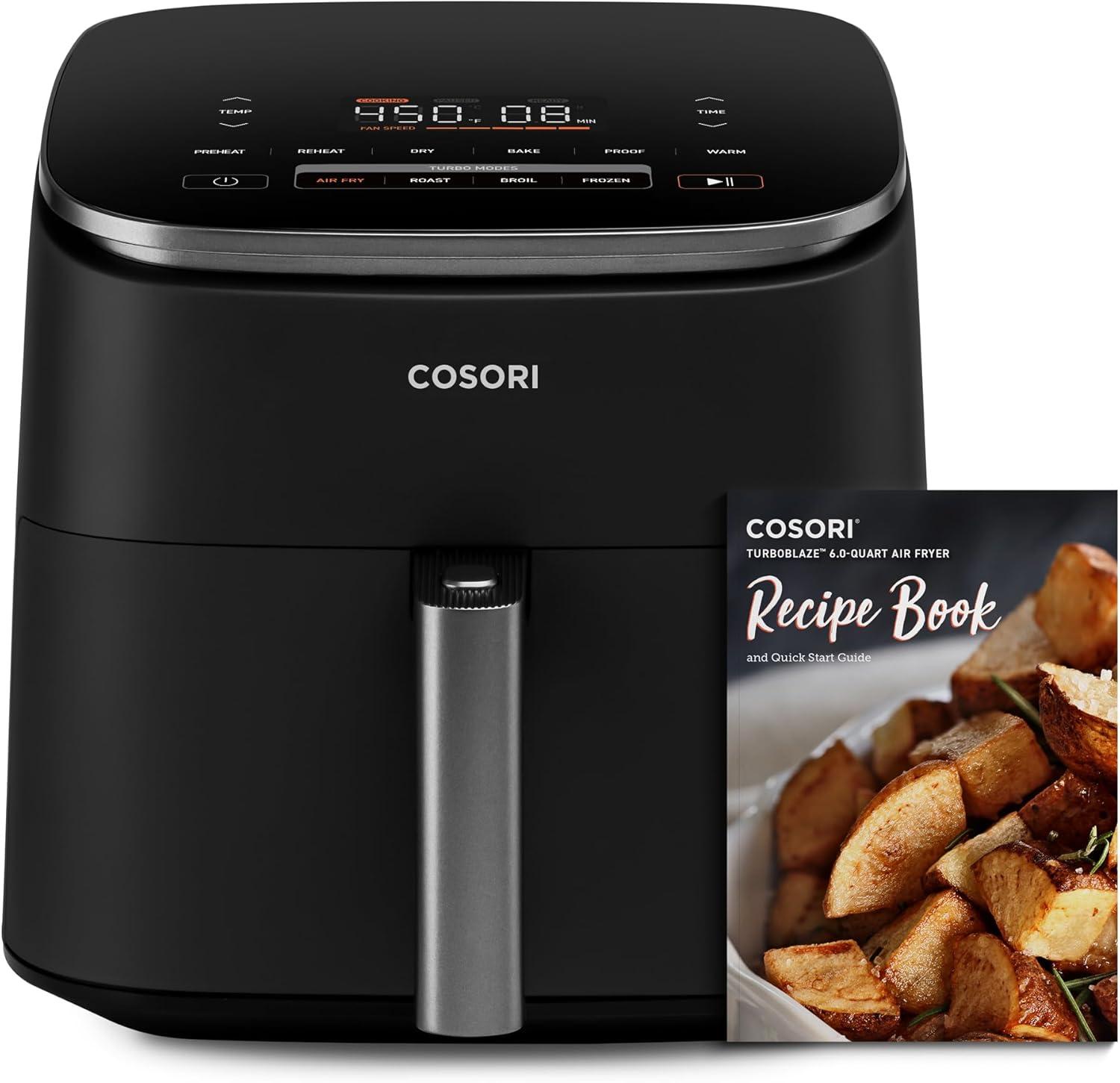 imageCosori 9in1 TurboBlaze Air Fryer 6 Qt Premium Ceramic Coating 90450F Precise Heating for Even Results Air Fry Roast Bake Broil Dry Frozen Proof Reheat Keep Warm 120VDark Gray