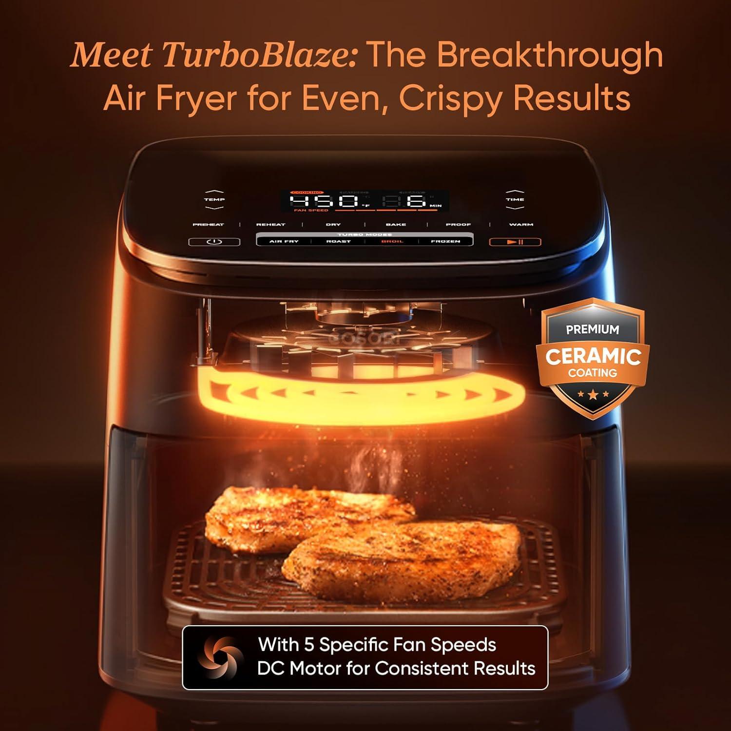 imageCosori 9in1 TurboBlaze Air Fryer 6 Qt Premium Ceramic Coating 90450F Precise Heating for Even Results Air Fry Roast Bake Broil Dry Frozen Proof Reheat Keep Warm 120VDark Gray