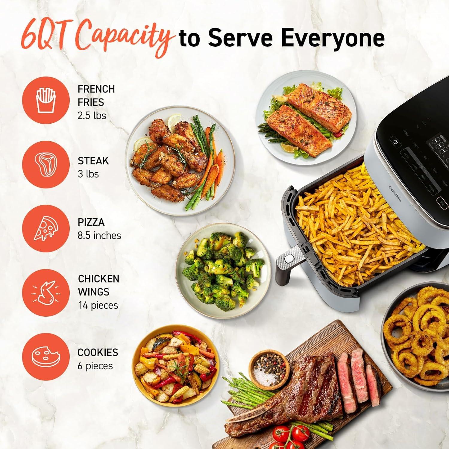 imageCosori 9in1 TurboBlaze Air Fryer 6 Qt Premium Ceramic Coating 90450F Precise Heating for Even Results Air Fry Roast Bake Broil Dry Frozen Proof Reheat Keep Warm 120VLight Gray