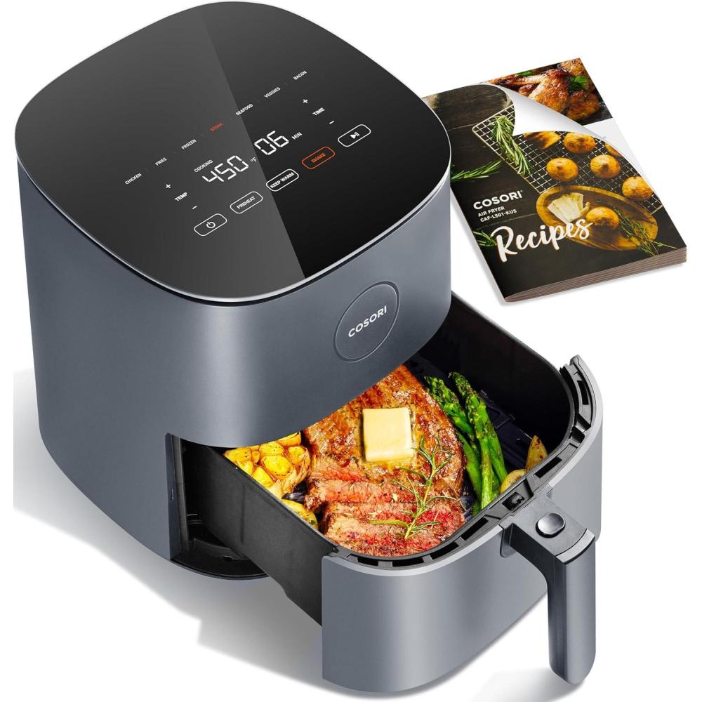 imageCOSORI Air Fryer Pro 9in1 Compact 5QT 450 Half Time ampamp ChefGrade Cook OneWipe Clean Glass Panel 130 InApp Recipes with Nutritional Info Nonstick ampamp DishwasherSafe Basket Ceramic GrayGray