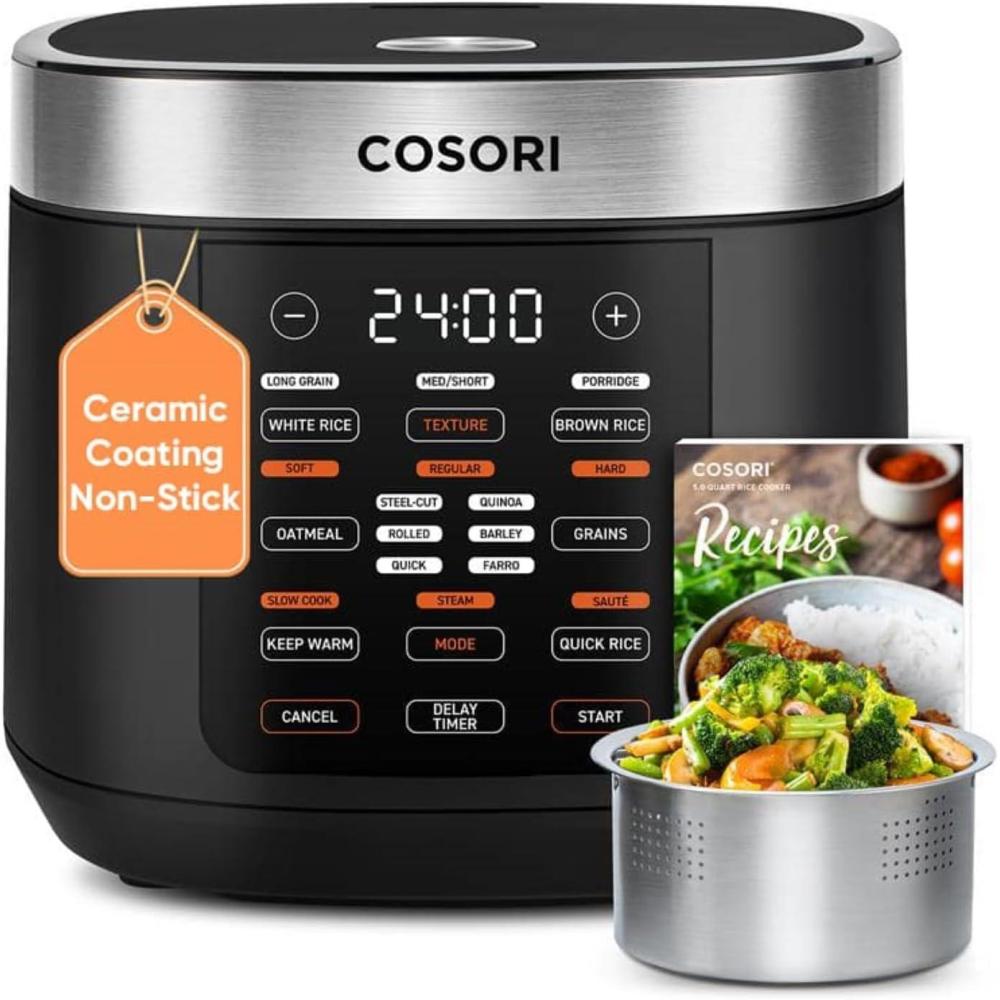 imageCOSORI Rice Cooker 10 Cup 24h Keep Warm Nonstick Ceramic Inner Pot 18 Functions Fuzzy Logic Rice Maker with Stainless Steel Steamer Basket Saut Slow Cooker BlackRice Cooker