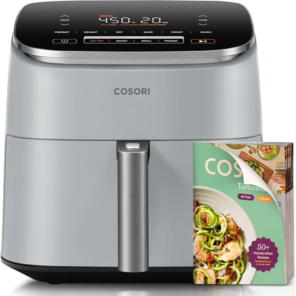 imageCosori 9in1 TurboBlaze Air Fryer 6 Qt Premium Ceramic Coating 90450F Precise Heating for Even Results Air Fry Roast Bake Broil Dry Frozen Proof Reheat Keep Warm 120VLight Gray