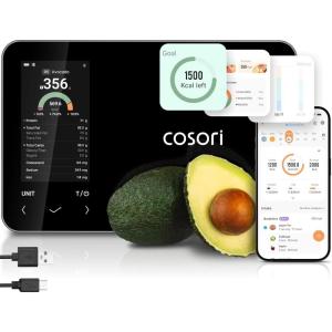 imageCosori Smart Food Kitchen Scale with Nutritional Calculator Free App for AI Scan Calorie ampamp Macro Tracking Food Preload OnScreen Nutrient Info Personal Goals Rechargeable 11 lb  5 kgBlack